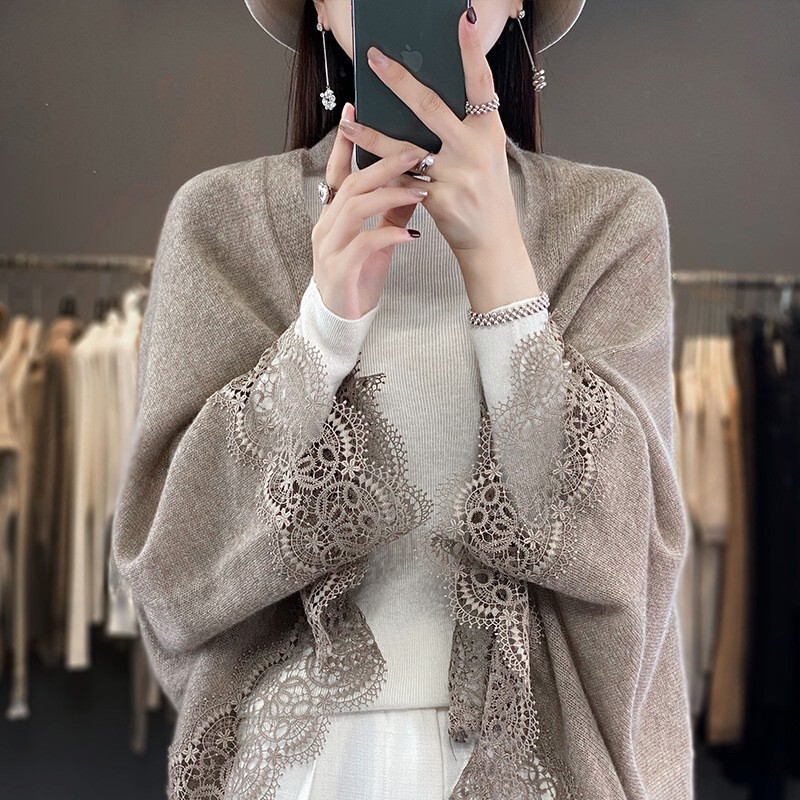 Lace 100 Woolen Sweater Shawl Autumn and Winter New Style Fashionable Lazy Style Pure Color Knitted Outer Cardigan