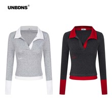 UNBDNS假两件长袖T恤女秋季内搭外穿设计感小众v领修身气质上衣潮