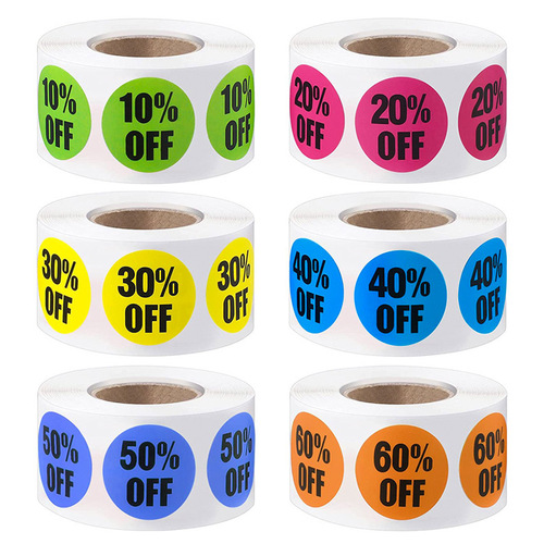 Wholesale product discount stickers 10% to 60%, retail promotion sticker labels