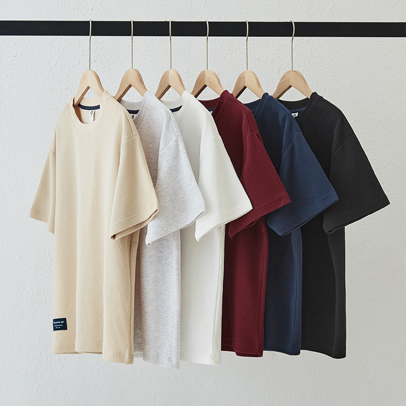 280g waffle de manga corta Camiseta de los hombres de verano casual flojo americano retro pesado hombro de punto camisa de media manga