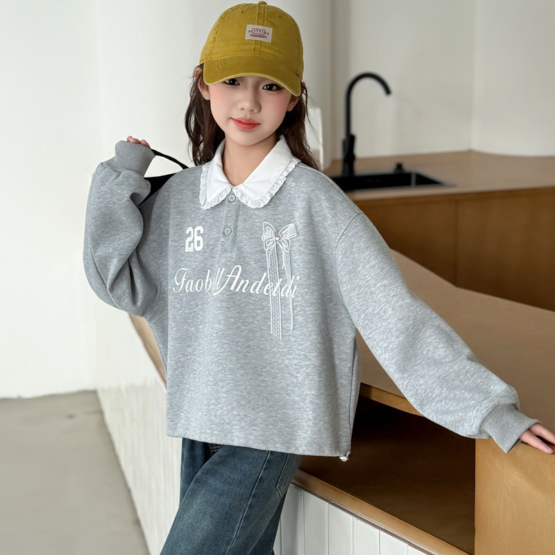 女童卫衣早秋2025新款儿童女韩版蝴蝶结翻领卫衣女大童洋气polo衫|undefined