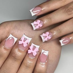 European and American Cross-Border Wearable Nail Patches Manicure Solid Color French Sweet Bow Wearable Nails Wholesale Nails