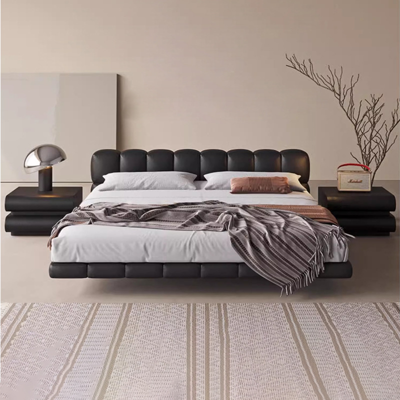 Cama de puff, cama de suspensión de cuero, cama de cuero minimalista italiana, cama de chocolate moderna, cama de boda, cama de paquete suave, negro