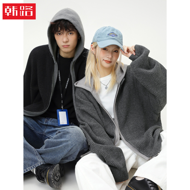 Textured Faux Deer Fur Two-Piece Cardigan Hooded Sweater Autumn and Winter Vintage Trendy Couple Knitwear Jacket