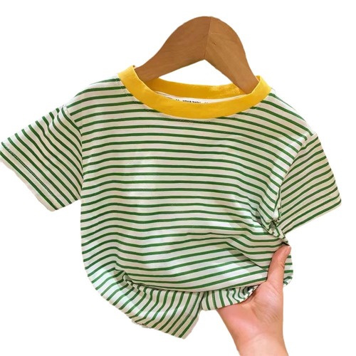 女童夏装短袖2024新款棉质条纹圆领休闲T恤宝宝薄款半袖打底衫潮