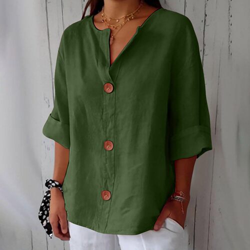 2025 Spring and Summer New Amazon Cross-border Europe and America New Loose T-shirt Women's V-neck Cotton Linen Button Top 