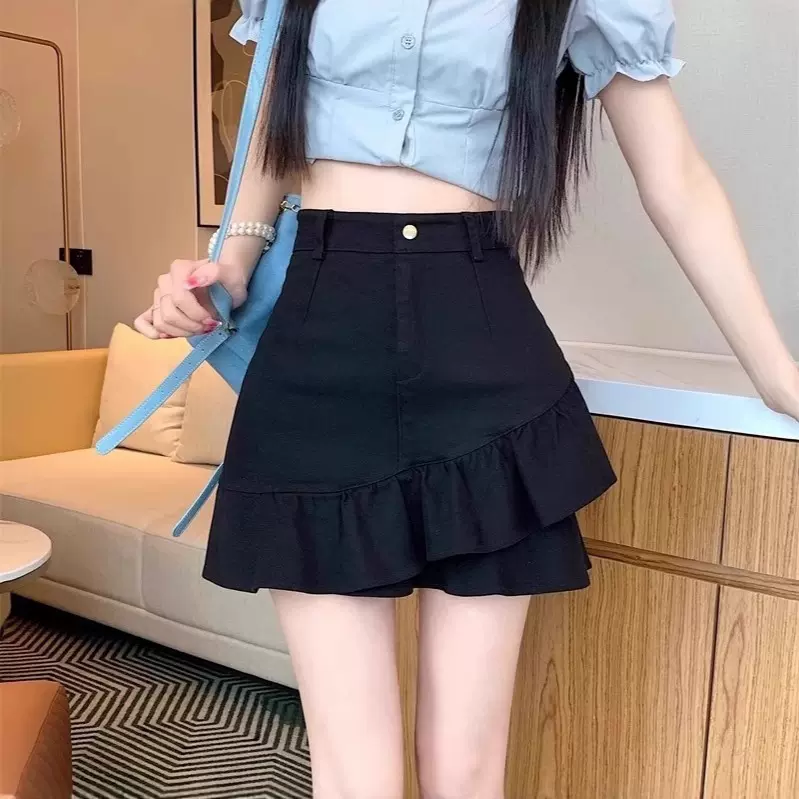 时尚不规则荷叶边半身裙女夏季韩版鱼尾裙高腰修身A字包臀短裙子