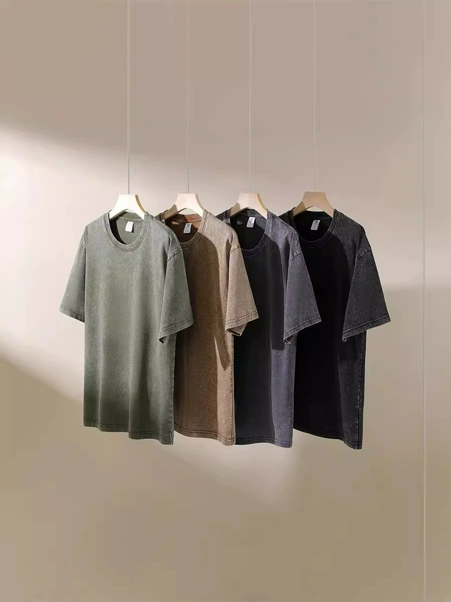 Американская внешняя торговля ретро прилив, сделай старый батик, стирая с короткими рукавами, мужская футболка с диким сплошным круглым вырезом