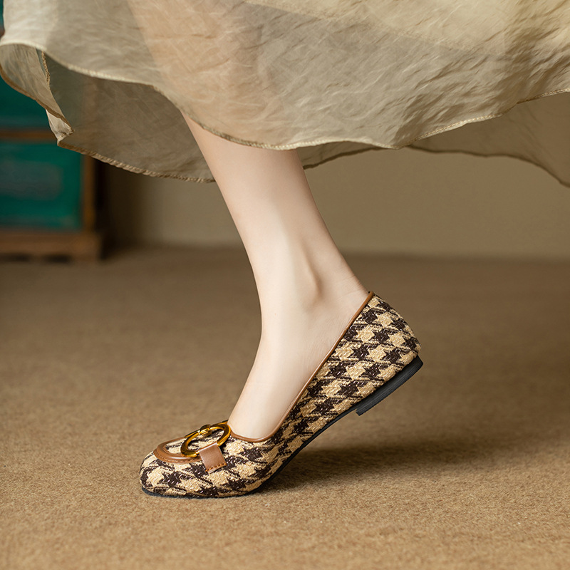 Retro-Mokassins für Damen mit Karomuster, eckiger Zehenpartie, Schnürung, Metallschnalle, zum Hineinschlüpfen, weiche Sohle, niedriger Schaft, Herbst_voghion.com