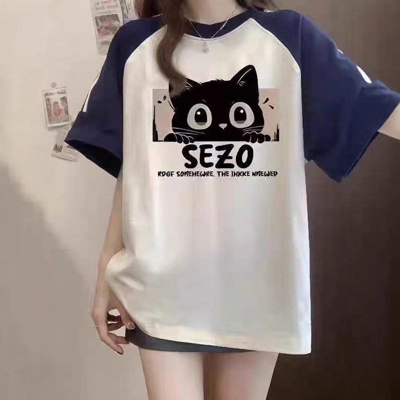American Retro Three-Stripe Raglan Short-Sleeved T-Shirt for Women Summer New Cartoon Cute Cat Print Design Top American Retro Three-Stripe Raglan Short-Sleeved T-Shirt for Women Summer New Cartoon Cute Cat Print Design Top