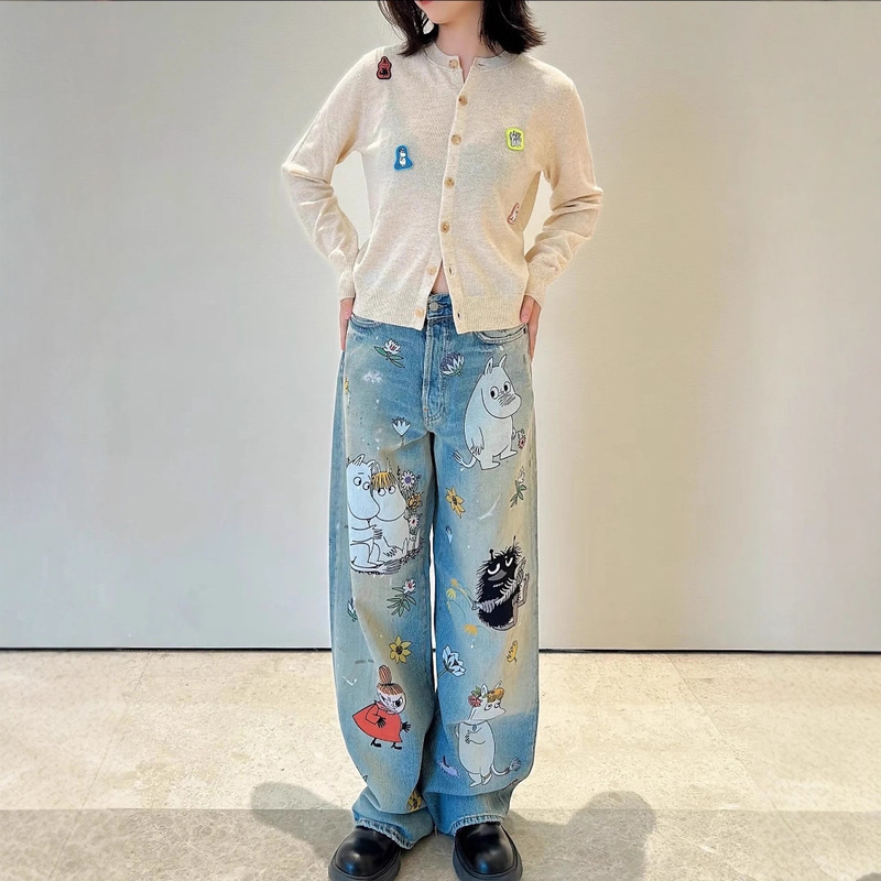 Shenzhen Nanyou Dirty Style Anime Print Jeans for Women, New Summer High-Waisted Loose Wide-Leg Straight Pants
