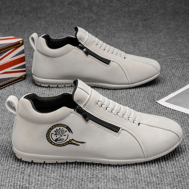 2025新款秋冬季一脚蹬懒人鞋侧拉链皮面运动鞋港风青年软底潮鞋男