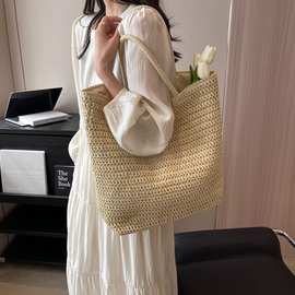 女式大号稻草钩针手提包带围巾夏季编织包单肩手提包波西米亚风格