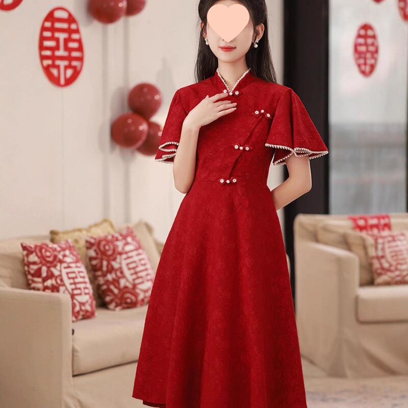 Red Toast Dress for Pregnant Women to Cover Belly, Improved Cheongsam Dress, Bridal Dress, 2025 New Chinese Style Engagement Dress