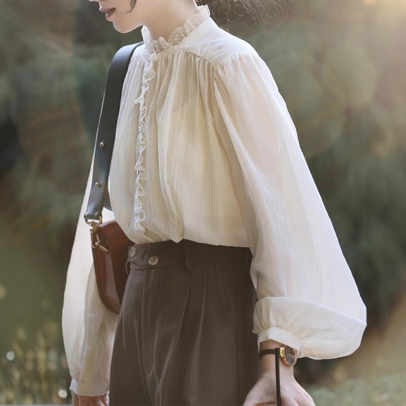 Ranesse | French retro lace lace collar thin lamp sleeved long sleeve shirt autumn tulle apricot/black