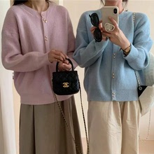 韓系紫色針織開衫女2024新款時尚短款寬松簡約單排扣圓領毛衣外套