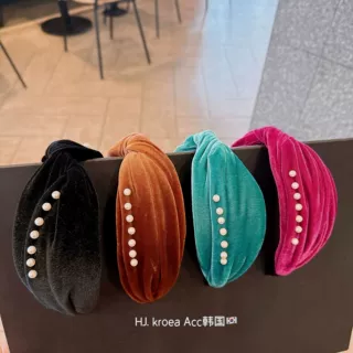 复古棕色布艺发箍女高颅顶头箍宽边珍珠装饰防滑外戴洗脸发卡头饰