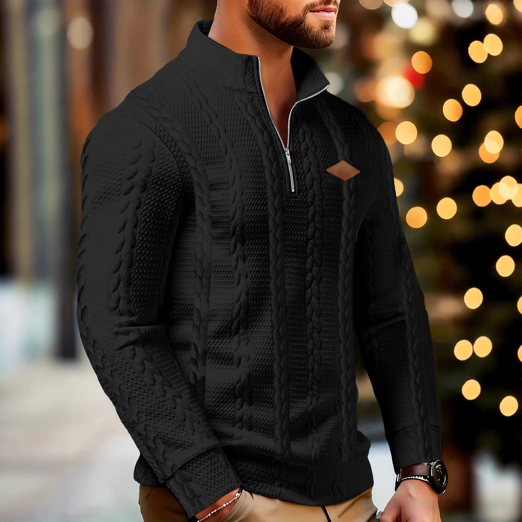 Lässiger Herren-Pullover mit Stehkragen, langen Ärmeln und Jacquard-Strickmuster – leicht und stylisch für Frühling und Herbst_voghion.com