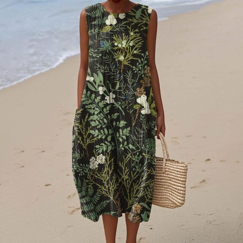 Cross-border independent site Amazon sleeveless shirt dress women's casual floral print long dress Cross-border independent site Amazon sleeveless shirt dress women's casual floral print long dress