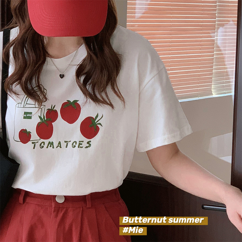 220g New Fashion White Cotton Short-sleeved T-shirt Women's Summer Loose Design Niche Printed Shoulder Top