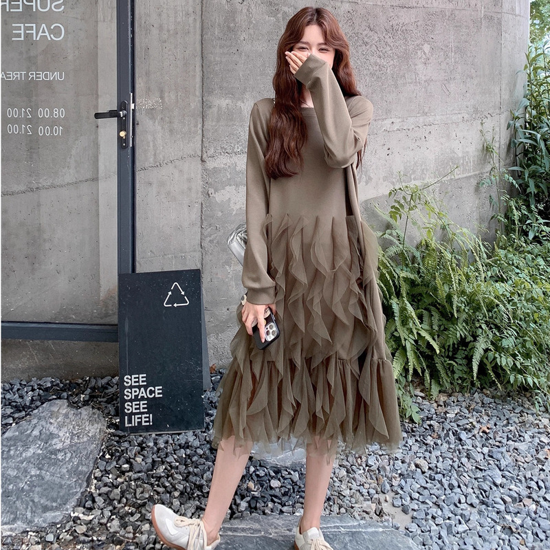 卡其绿连衣裙女长款2025春秋新款设计感拼接网纱卫衣裙气质公主裙|undefined