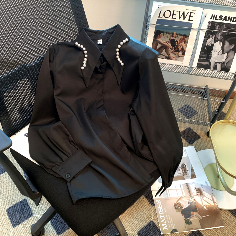 Real shot spot foreign style fashion Joker design sense niche pearl collar design sense try chiffon shirt women