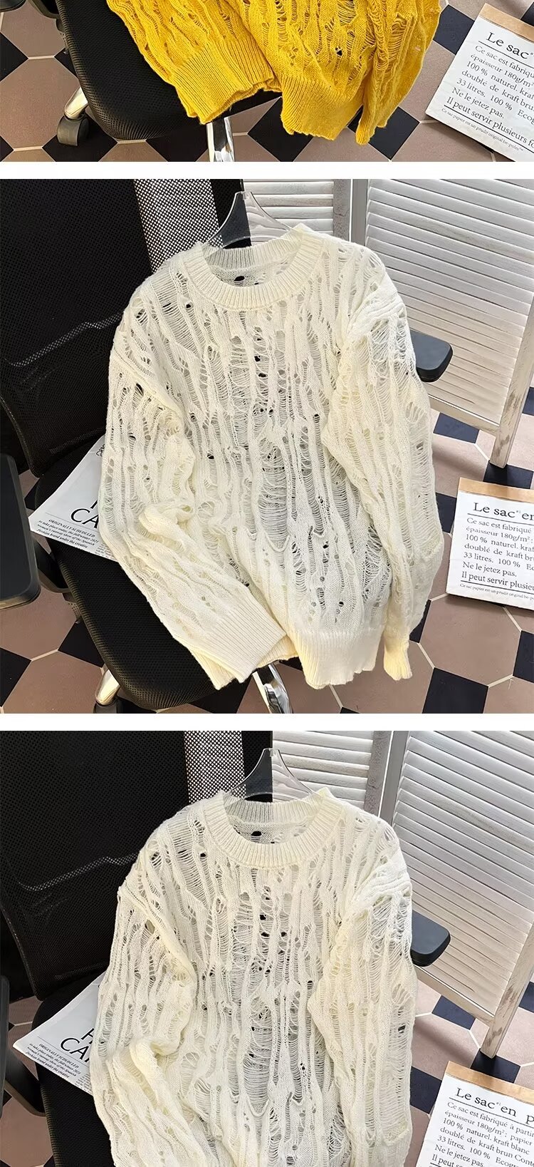 Übergroßer, lässiger Strickpullover für Herren mit einzigartigem Cut-Out-Design. Lockere Passform, lange Ärmel, bequemer Pullover für den Alltag (mehrere Farben)_voghion.com