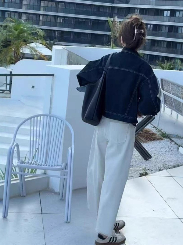 春秋新款深蓝色短款牛仔外套女韩版休闲口袋设计感工装风显瘦上衣|undefined