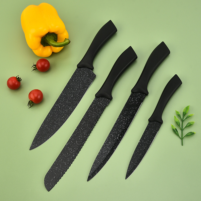 Ventas al por mayor calientes de piedra de arroz negro mango curvo de seis piezas conjunto de cuchillos de cocina de acero inoxidable conjunto de cuchillos de regalo de color