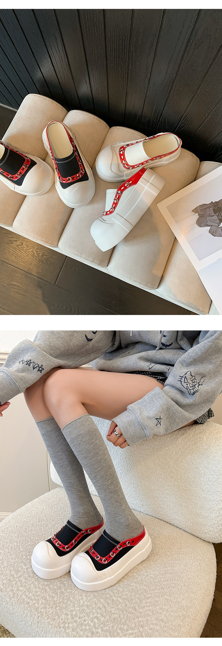 Giày sneaker nữ đế dày mũi to slip-on da thật phối màu — màu đen, màu trắng chi tiết 10