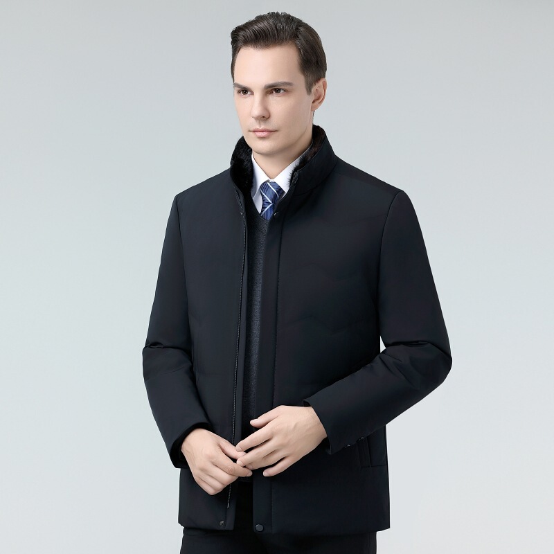 Counter Middle-Aged Men's Cold-Resistant down Jacket Mink Fur Stand-Up Collar Business Warm Removable Liner White Duck down Short Jacket