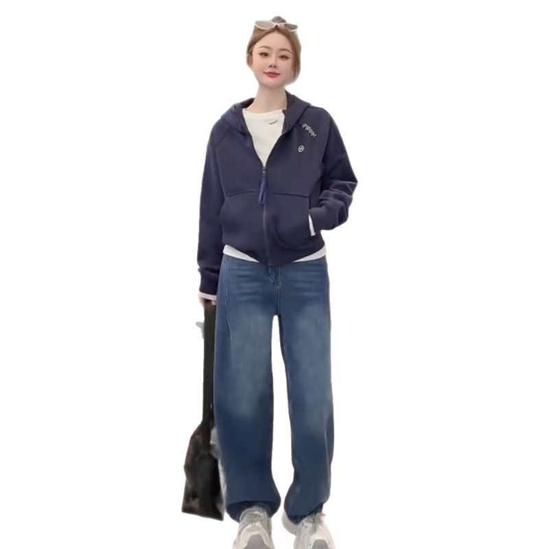 韩系慵懒风连帽卫衣女2025秋新款拉链开衫宽松显瘦小个子百搭外套|undefined