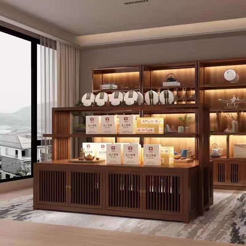 榆木中岛陈列柜流水瓷器双面展示架茶叶展示柜多层货架实木新中式