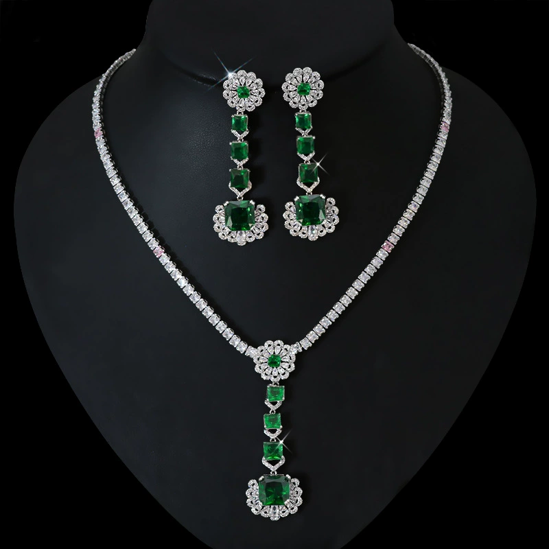 High-end zirconium, pendant, necklace and earrings, set for bride, wedding dress, accessory, light luxury style