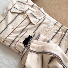 网红风情侣卡通刺绣猫睡衣女夏季短袖可爱开衫家居服可外穿套装男