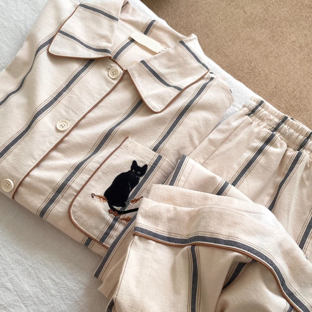 网红风情侣卡通刺绣猫睡衣女夏季短袖可爱开衫家居服可外穿套装男