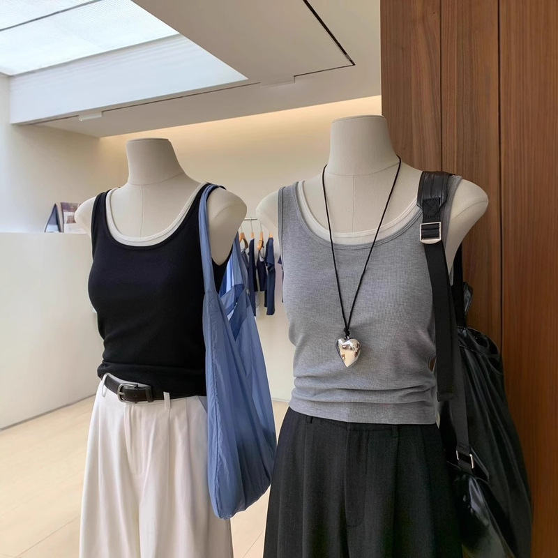 Tens Cotton Giant Skin-friendly Women's Wear-free Bra with Chest Pad Slim-fit Sling Fake Two-piece Elastic Slim T-shirt