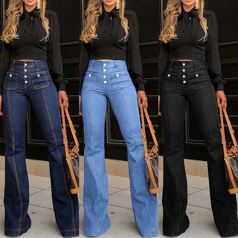 Cross-Border 2025 European and American Hot-Selling Button-Up High-Waisted Women's Jeans, Slim-Fit, Elegant Flared Long Pants, High-Waisted and Slimming