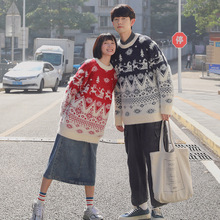 跨境日系爆款热卖 圣诞节毛衣男女宽松慵懒风秋冬款套头针织衫