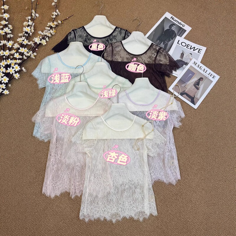 2026 Spring/Summer New Design Cap Sleeve Eyelash Lace Exquisite Layered Inner Top Fashionable Versatile Blouse