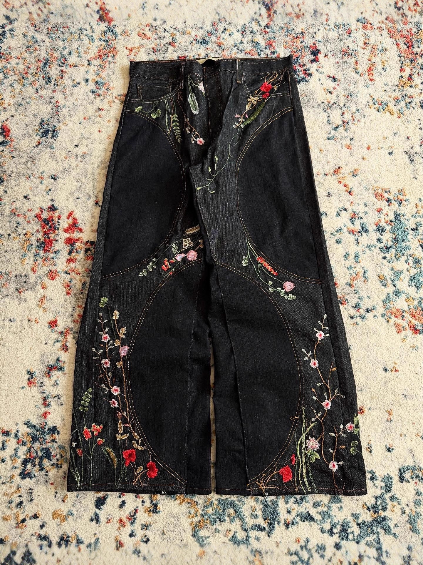 Pantalones largos holgados de estilo Y2K europeo y americano, con diseño de patchwork, bordado floral, para hombre y mujer, pantalones largos hasta el suelo, a la moda.