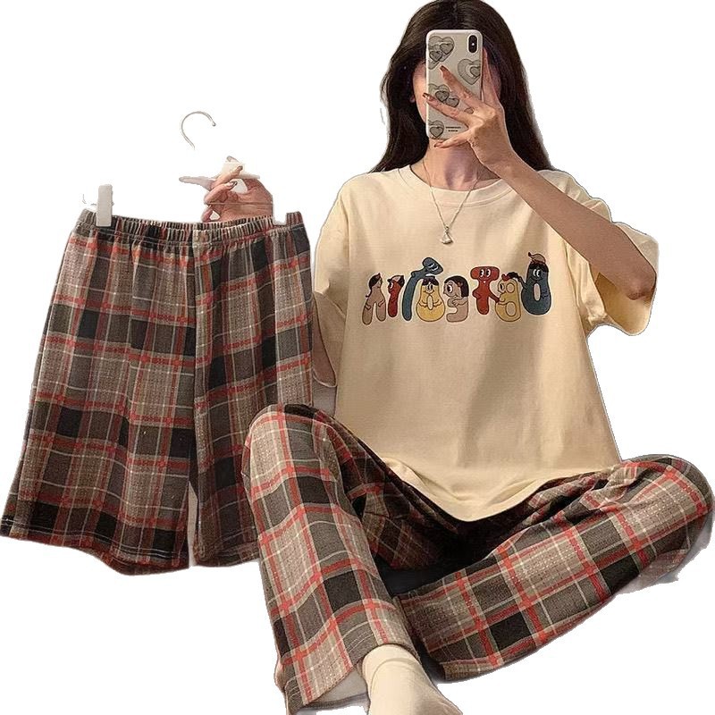2025 nuevo pijama de mujer de verano delgado japonés pantalones de manga corta tres piezas set ropa de casa letras de verano