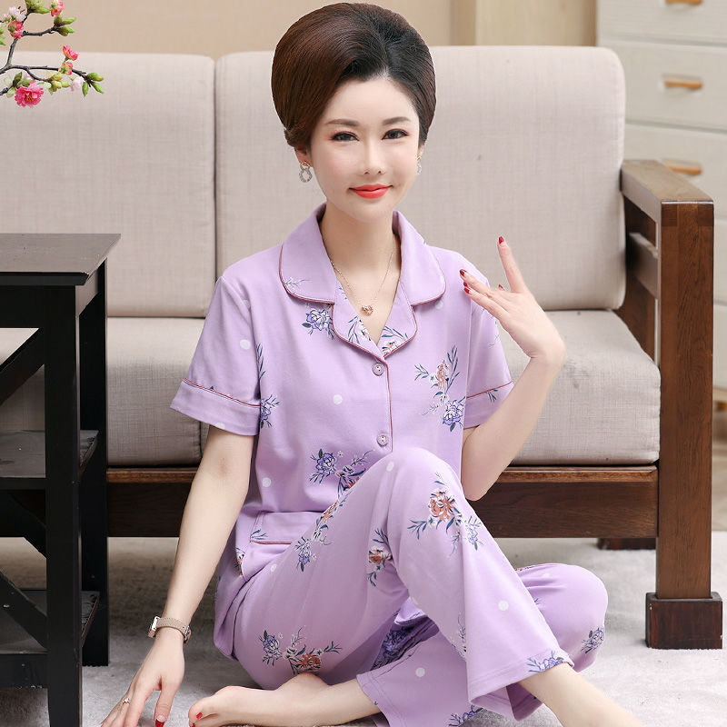 Pijama de algodón de verano Pantalones de manga corta para mujer de mediana edad traje de Rebeca de talla grande Delgado homewear