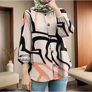 In-Stock New Cross-Border Plus-Size Women's Loose Fashion Artistic Puff Sleeve Printed Long-Sleeve Button-Front Shirt