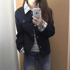 美式复古短款外套女2025新款春秋修身休闲翻领格纹拼接夹克上衣潮