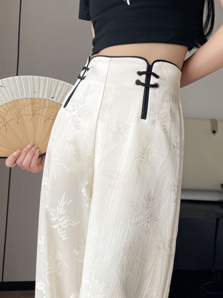 国风冰丝缎面阔腿裤女夏高腰新中式广州十三行改良宋裤休闲直筒裤