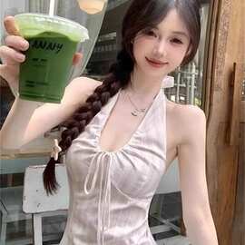 设计感小众蕾丝条纹挂脖绑带无袖上衣夏季新款修身莫代尔内搭背心
