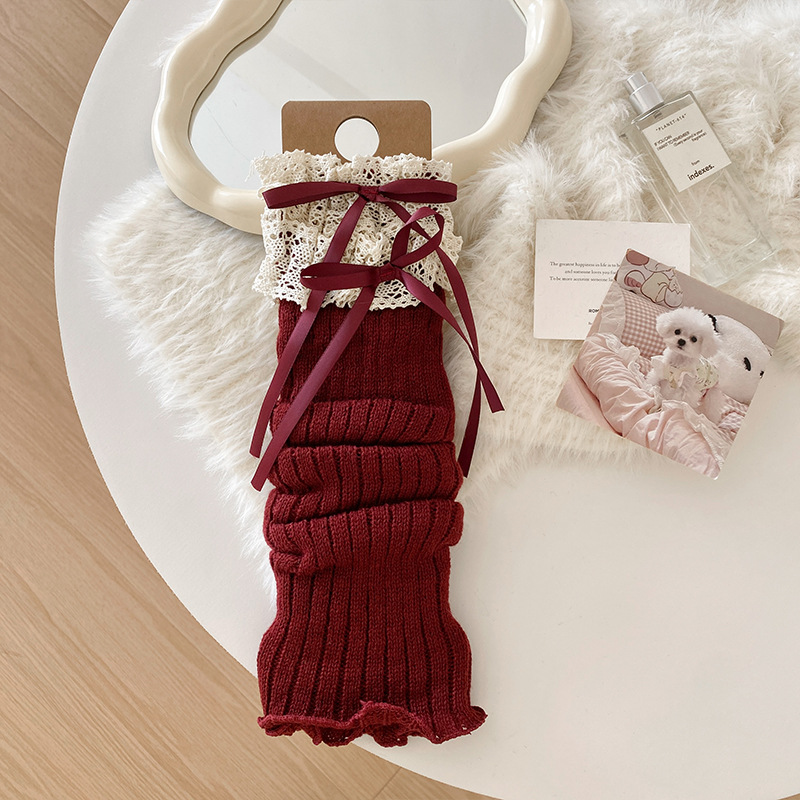 Beinstulpen Bootshang Baumwollsocken Damenstrümpfe mit Spitze und Schleife im Lolita-Stil, Ballett-Stil Mädchen Encore Rote gestapelte Beinstulpen_voghion.com