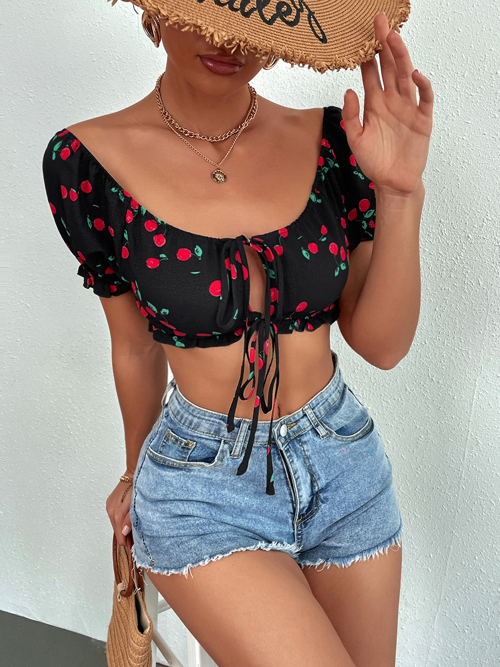 black puff short-sleeved cherry printed lace-up top  NSDF119913