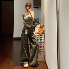 美式复古军绿色工装牛仔裤女夏季高腰显瘦设计感直筒阔腿拖地裤